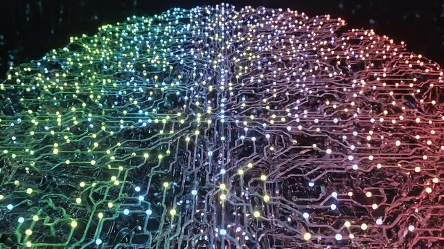 Colorful futuristic digital circuit board with glowing lights and technology concept background