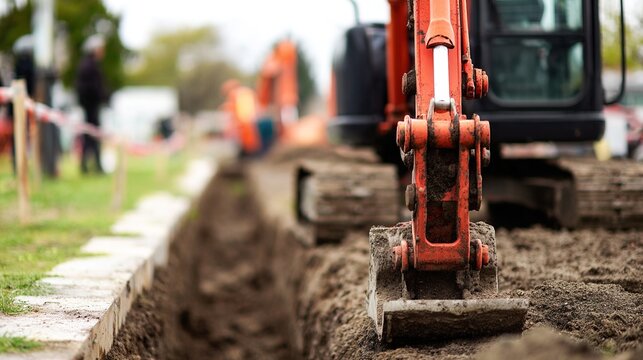 earthmoving. Small excavator digging a narrow trench on a construction site. safety posters, maintenance manuals, designed for precision metalworking and fabrication facilities.