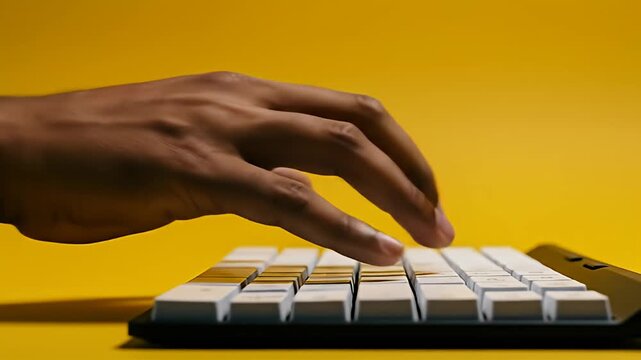 Hand hovers over a keyboard with neutral keycaps, against a saturated yellow backdrop