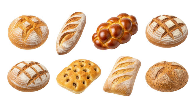 assortment of fresh baked bread various types displayed on a clean white background food photography use