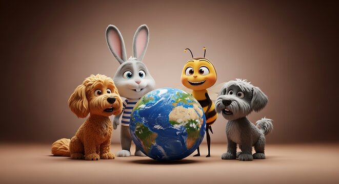 Cartoon animals and bee around a globe