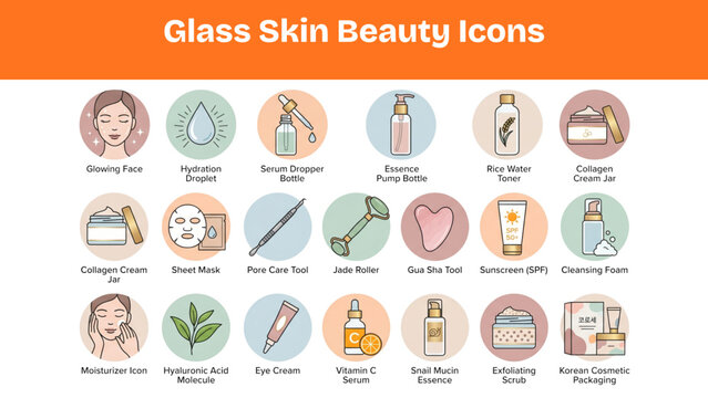 Glass Skin Korean Beauty Icons &ndash; Luxury Hydration Cosmetic Vector Pack