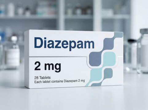 Diazepam 2 mg medication box in a pharmacy setting