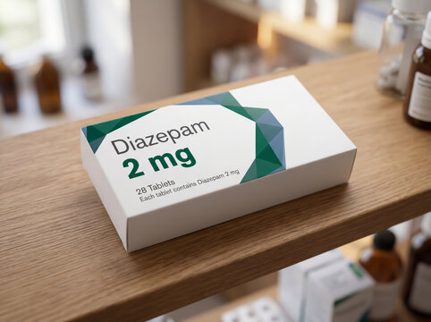 Diazepam 2 mg medication box in a pharmacy setting