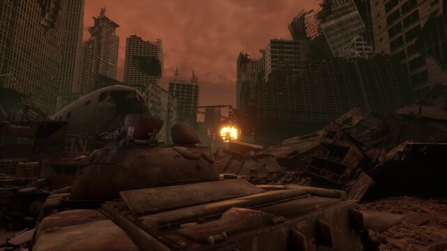 Rusted tank among rubble and destroyed skyscrapers under a blood-red apocalyptic sky. Perfect for war, disaster, or sci-fi content.