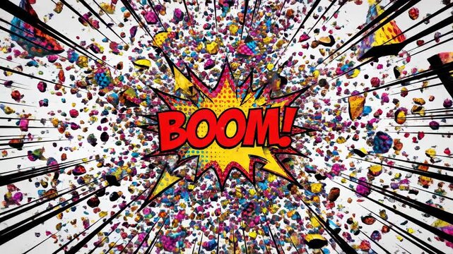 Explosive comic book sound effect graphic depicting a vibrant, energetic burst of colorful particles and debris radiating outwards from a central impactful 'BOOM!' text treatment against