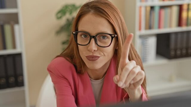 Woman points finger at camera, glasses visible, leaning over computer in an office building; assertive authority.