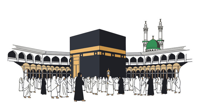 Isometric vector illustration of pilgrims performing Tawaf around the Kaaba at Masjid al-Haram in Mecca during Hajj pilgrimage, featuring Islamic architecture and crowds in Ihram.
