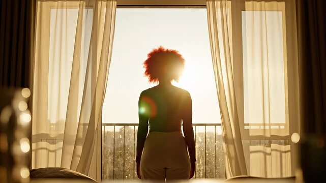 Woman with red curly hair opens curtains to let in morning sun. Warm golden light creates a hopeful atmosphere. Useful for lifestyle blogs, wellness content, or home interior ads.