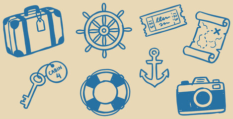 Hand-drawn vector illustration of travel and vacation themed icons in blue on a beige background. © Riki
