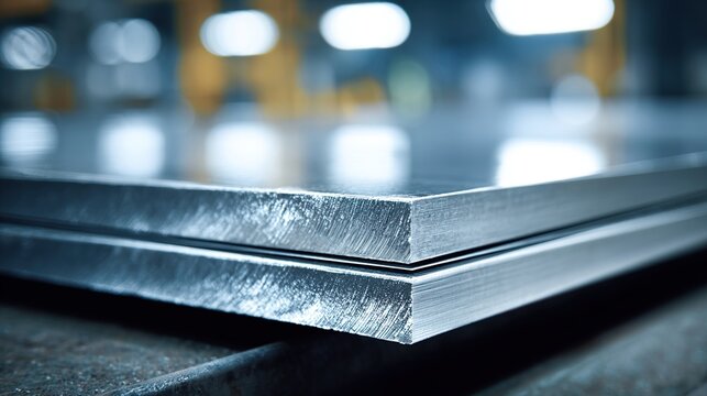 mirror. A thick steel plate with a mirror-like cut surface, metallic texture. safety posters, maintenance manuals, designed for industrial assembly lines and welding operations, used by engineers.