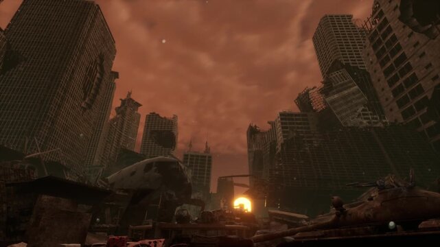 Crashed passenger plane wedged into destroyed buildings of an apocalyptic city. Cinematic post-war scene.