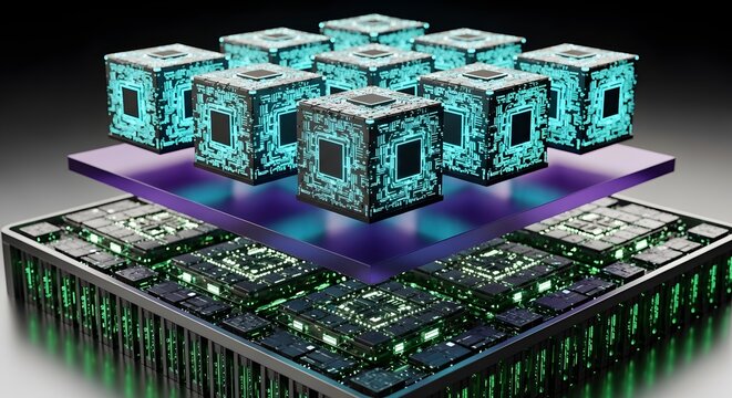 Futuristic Quantum Computing Processors Array Technology Concept.