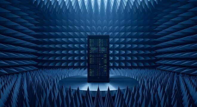 Modern electronic device in an anechoic chamber for testing.