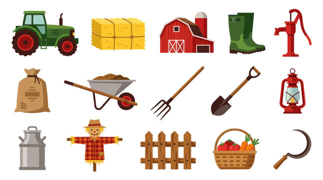 Farming icons set: tractor, barn, hay, scarecrow, tools, lantern, basket