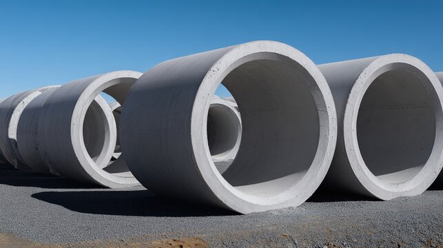 culvert. Massive concrete culvert pipes stacked neatly, creating geometric lines and shadows. safety posters, maintenance manuals, designed for industrial assembly lines and welding operations.