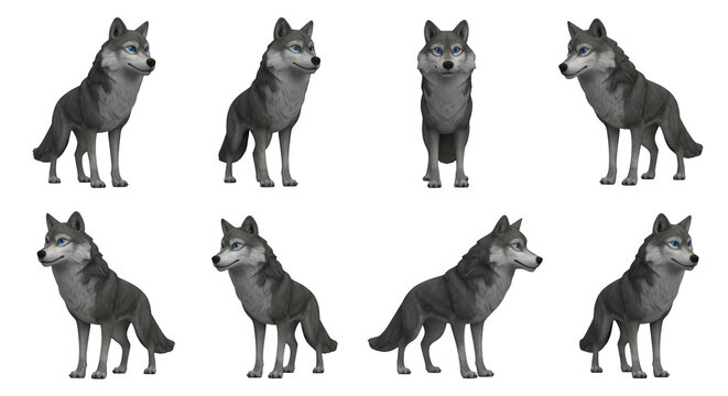 animated wolf poses isolated white studio background diverse angles design assets and educational materials