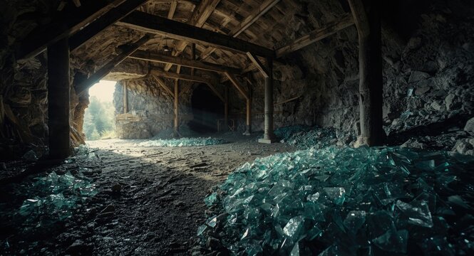 Adventurous exploration of a restored glass mine with copy space for text