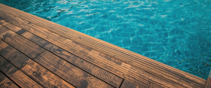 Ipe Hardwood Decking Edge by Pool Close-Up, Serene Blue Water Background