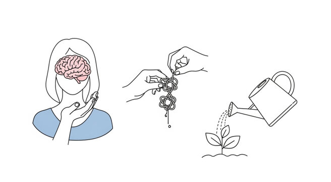 Woman thinks as insect pollinates plant being watered outdoors