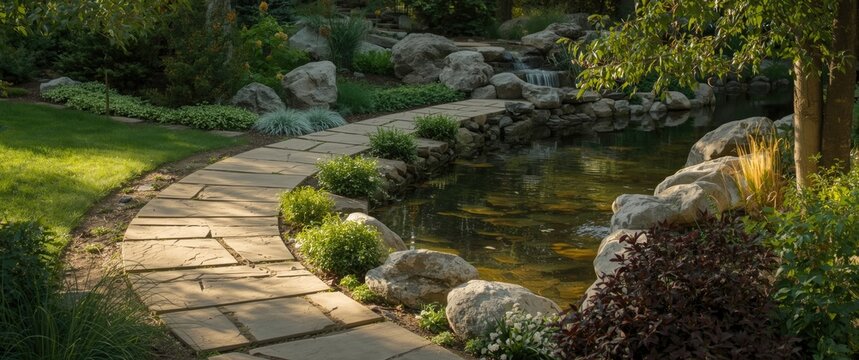 Artistic Flagstone Garden Path with Serene Waterfall Lush Landscaping, Soft Evening Light