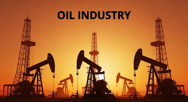 Oil industry with pumpjacks at sunset in a desert landscape with towers