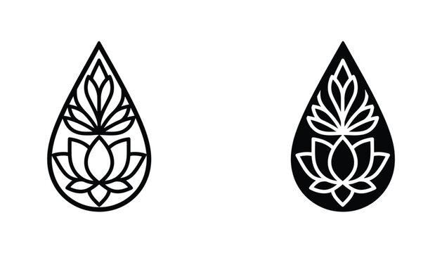 Lotus flower in water drop frame vector set featuring floral mandala design in outline and solid black style for spa wellness and yoga branding