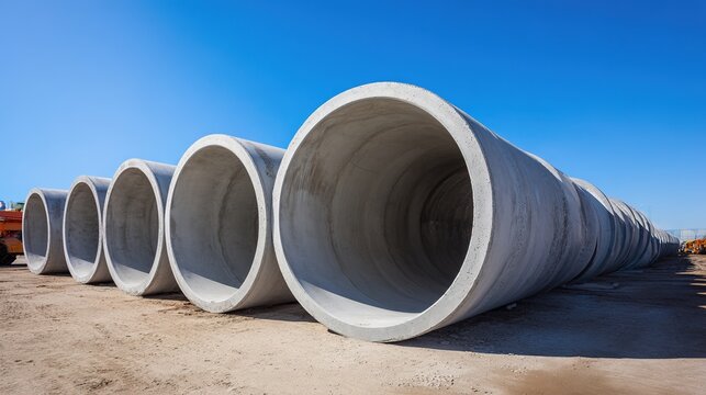 culvert. Massive concrete culvert pipes stacked neatly, creating geometric lines and shadows. safety posters, maintenance manuals, designed for industrial assembly lines and welding operations.