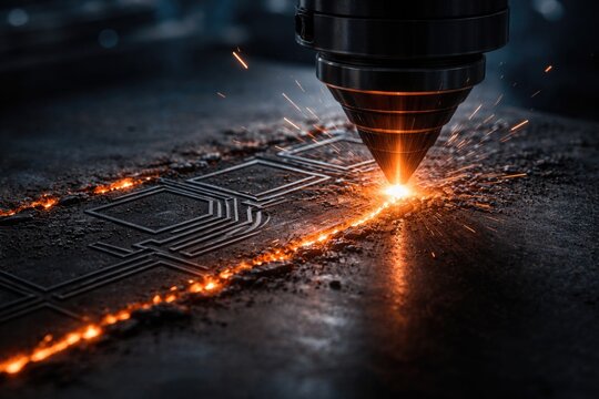 Detailed capture of laser engraving refractory metal with charred effect and clear copy space