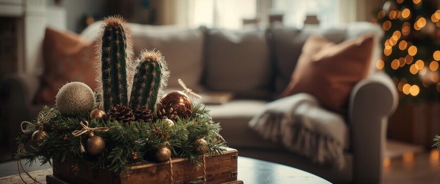 Christmas Cactus Decorated with Baubles Cozy Living Room Setting, Warm Atmosphere