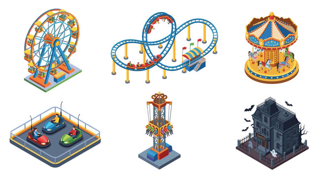 Amusement Park Attractions and Carnival Rides Isometric Vector Illustration Set