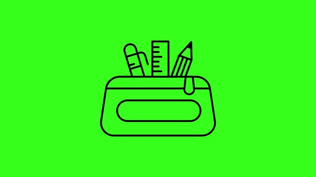 Animated pencil case icon with stationery items on a green screen background for motion graphic use