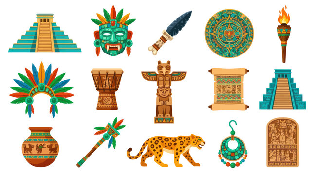 Ancient Mayan Icons: Pyramid, Mask, Jaguar, Torch, Calendar, Totem, Flat Art