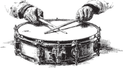 A vector illustration showing two hands holding drumsticks and hitting a drum. © PanzaDesign
