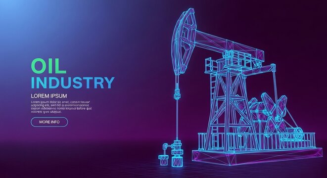 Neonlit oil pump jack on purple background for energy concept