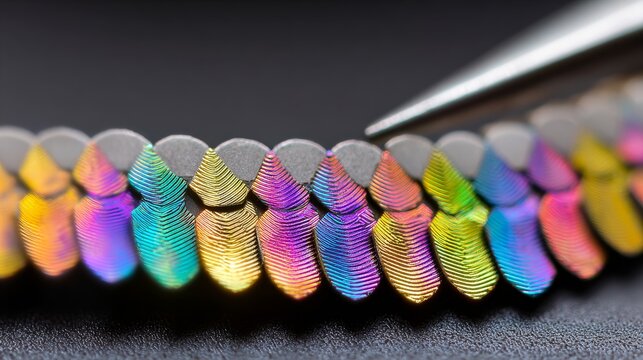 Close-up of a shimmering iridescent metallic scale pattern, showcasing vibrant rainbow colors and intricate texture