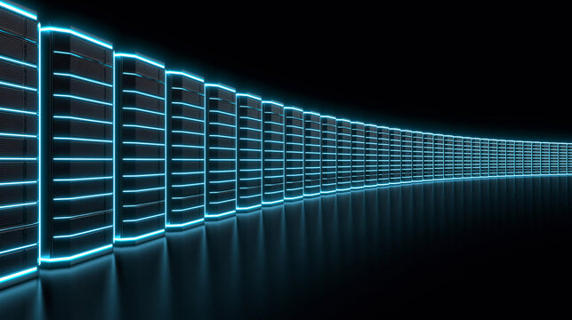 Futuristic Server Racks with Glowing Cyan Lights in a Dark Data Center, Ideal for Technology Backgrounds and Digital Concepts.