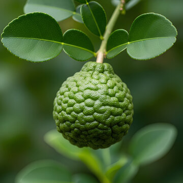 Closeup of a vibrant green kaffir lime fruit hanging on a branch.