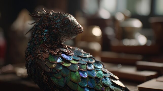 Close-up view of a creature with smooth, iridescent, metallic scales shimmering with blue and green hues.