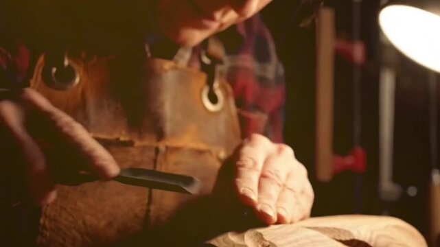 Close up slow motion of skilled artisan hands carefully carving wood with a sharp chisel creating intricate shapes and wood shavings.