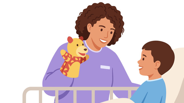 Female Child Life Specialist Holding Colorful Hand Puppet