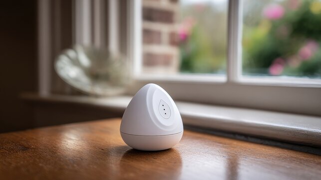 Sleek white smart device with sensor perforations resting on a wooden table near a blurred window view