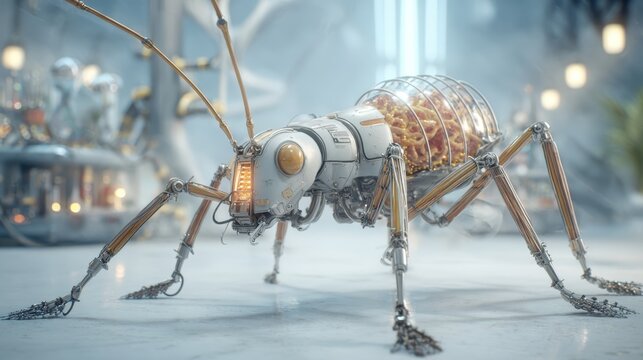 Intricate mechanical insect creature with glowing internal details, a futuristic cybernetic design.