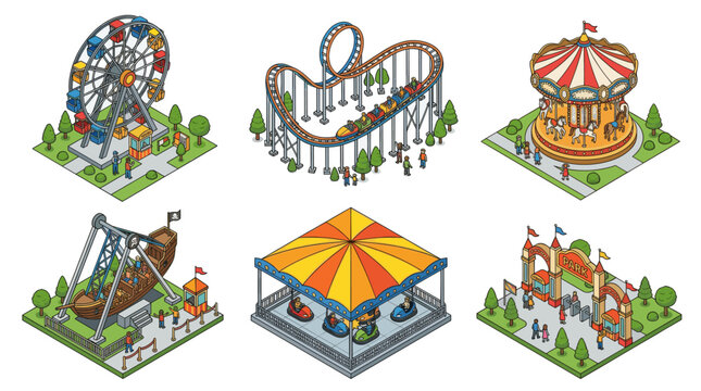 Amusement Park Attractions and Carnival Rides Isometric Vector Illustration Set