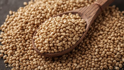 Obraz premium Buckwheat Groats in Wooden Spoon Close-Up, Natural Food Texture, Earthy Tones