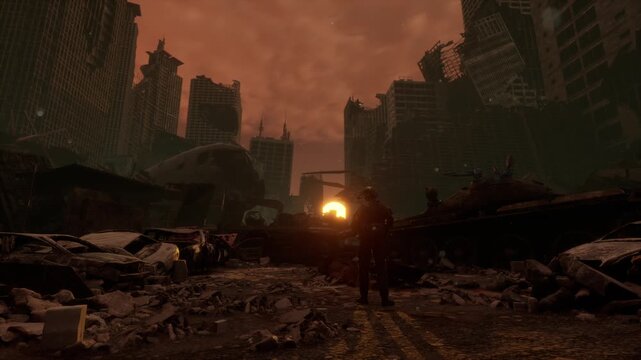 Lone warrior surveys a ruined city under an ominous red dystopian sky. Cinematic post-apocalyptic scene.