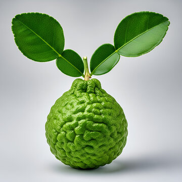 Closeup of a vibrant green kaffir lime with fresh leaves.
