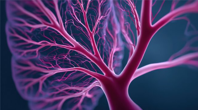 Detailed illustration of a branching vascular network with a dark blue background
