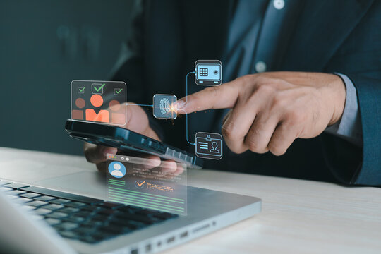 Business professional using smartphone for digital identity verification, biometric security, and paperless online authentication.