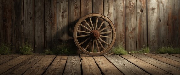 Obraz premium Classic wild west setting with wooden wagon wheel and distressed plank flooring
